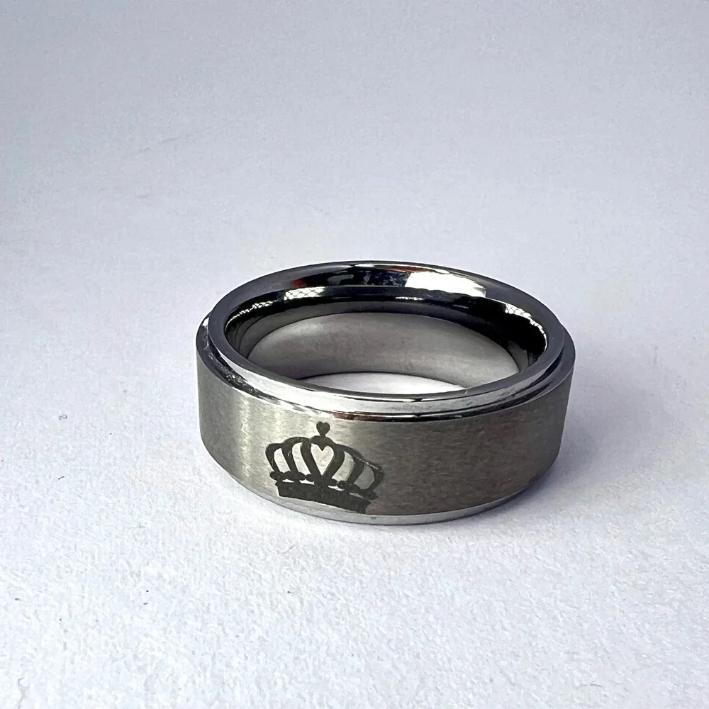 Gunmetal Tungsten Crown Engraved Ring Mens 7.5 Flat Edge Wedding Band King Faith
